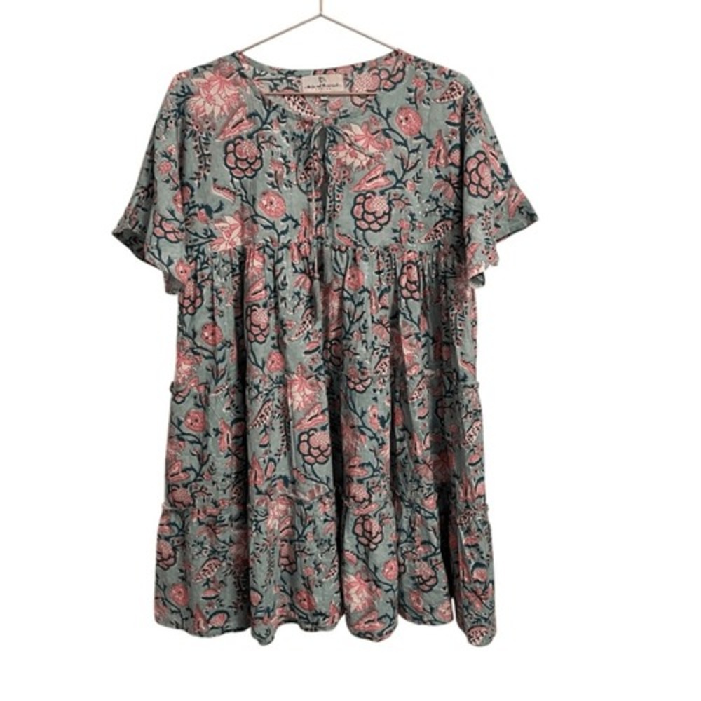 The Fox and the Mermaid Venice Blue Pink Floral Print Tiered Mini Dress M/L